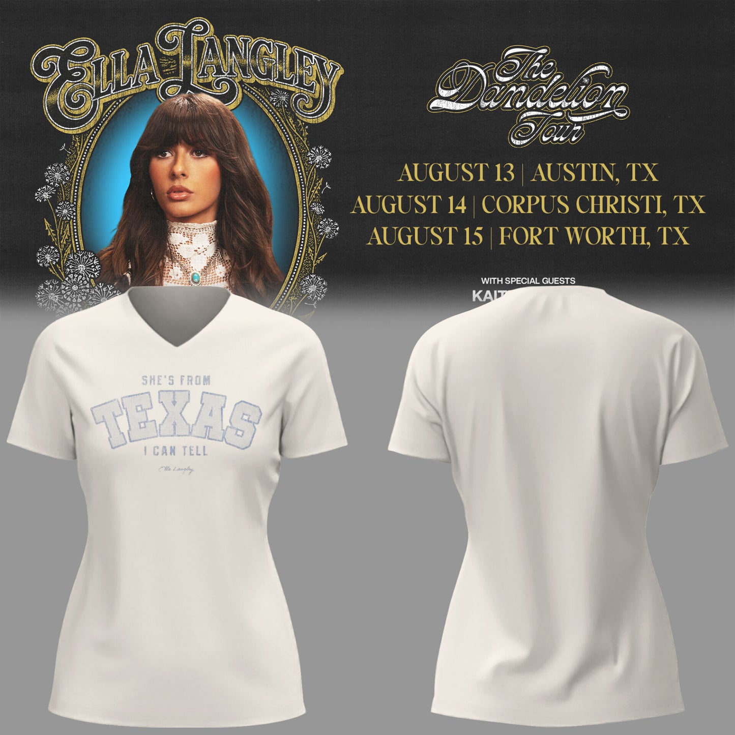 E.Langley “The Dandelion Tour” in Texas V-neck TShirt