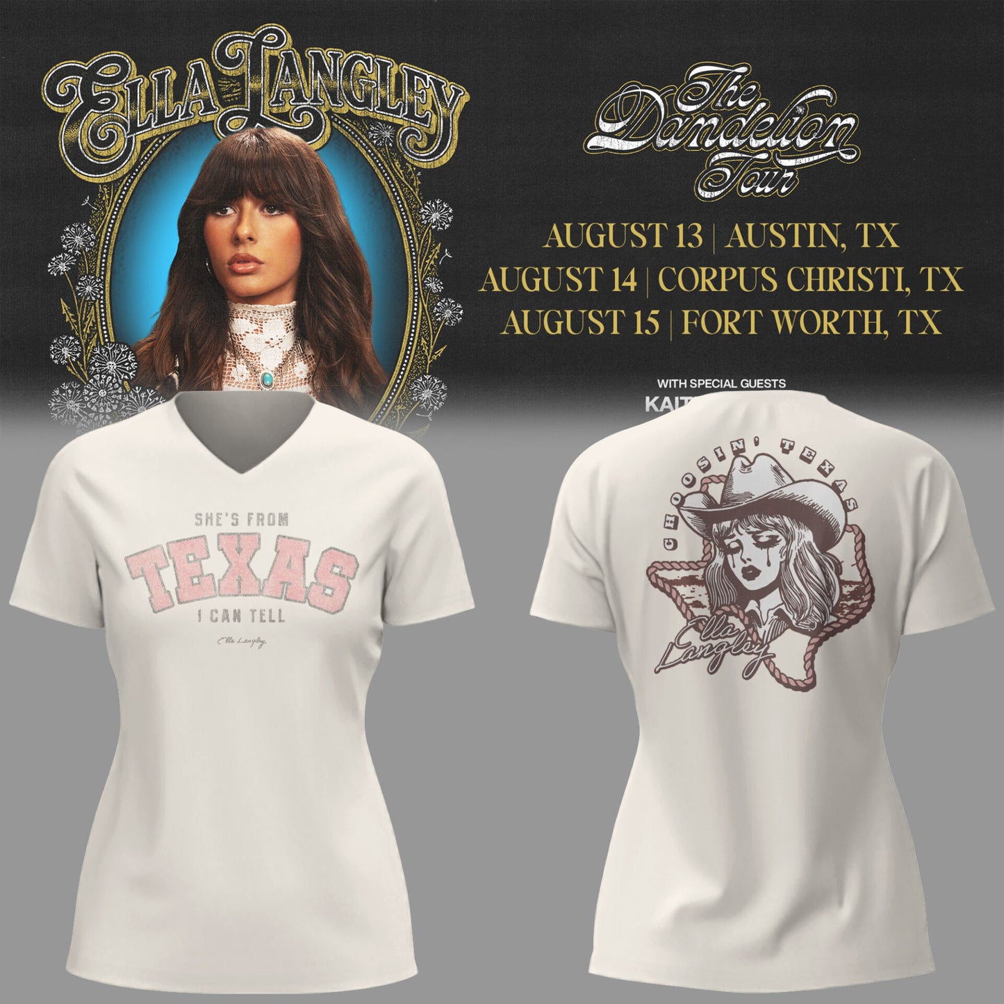 E.Langley “The Dandelion Tour” in Texas V-neck TShirt