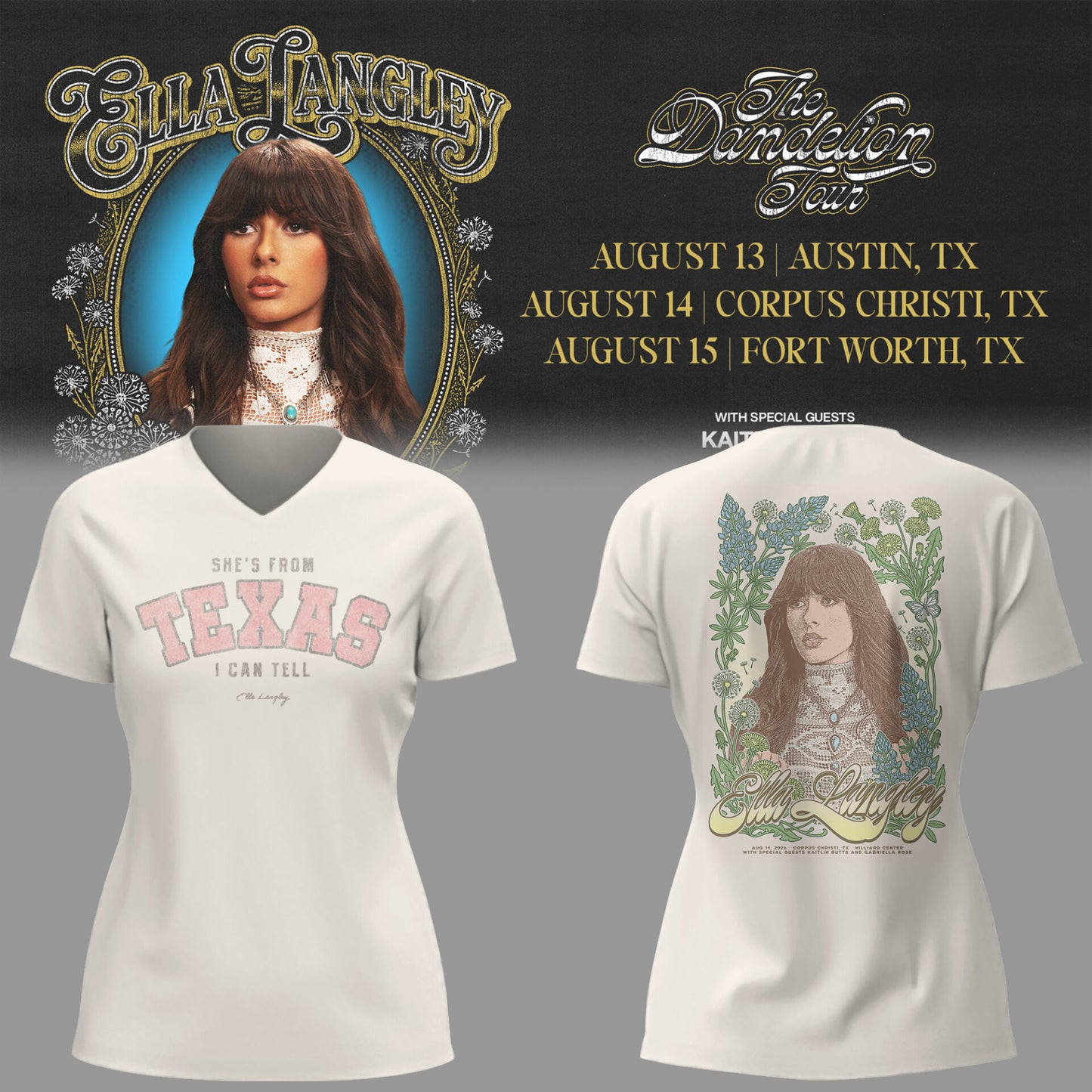E.Langley “The Dandelion Tour” in Texas V-neck TShirt