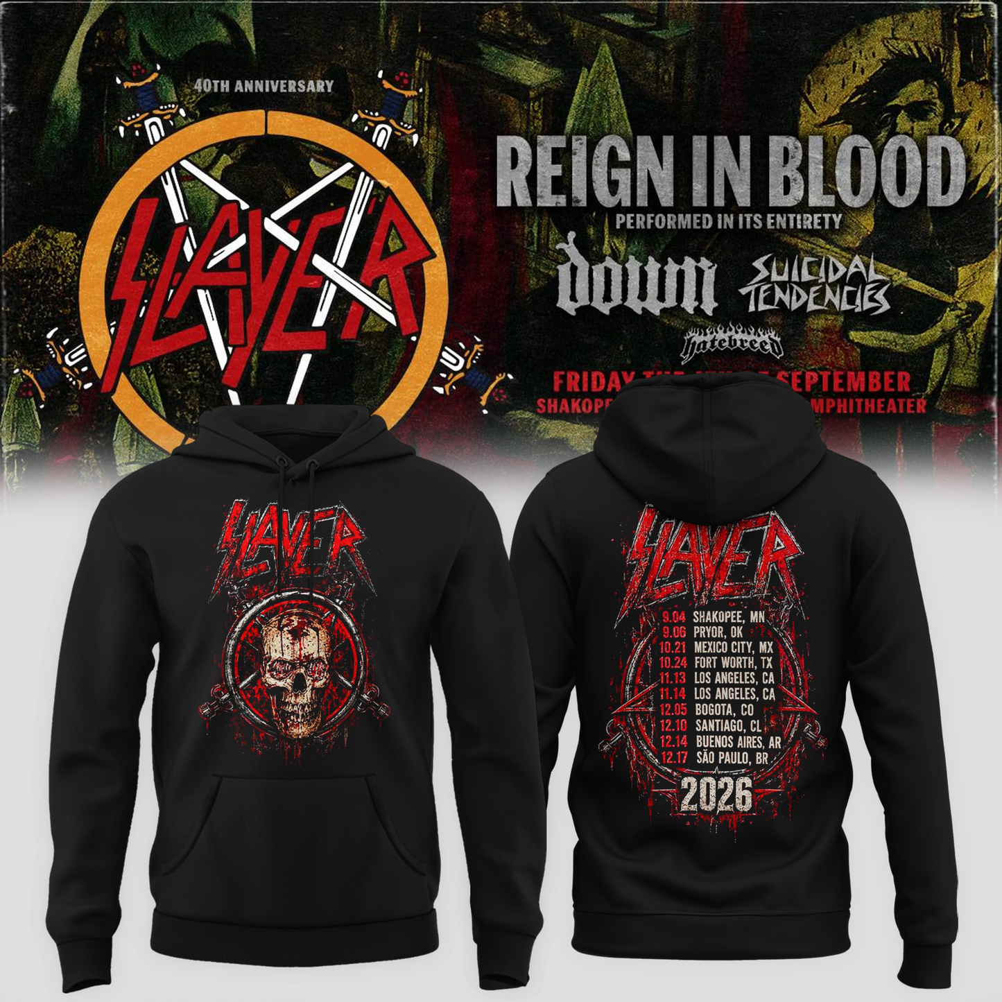 Slayer Shakopee MN 2026 Event Tee Reign In Blood 40 Anniversary Tour September 4 2026 Two Sided Hoodie
