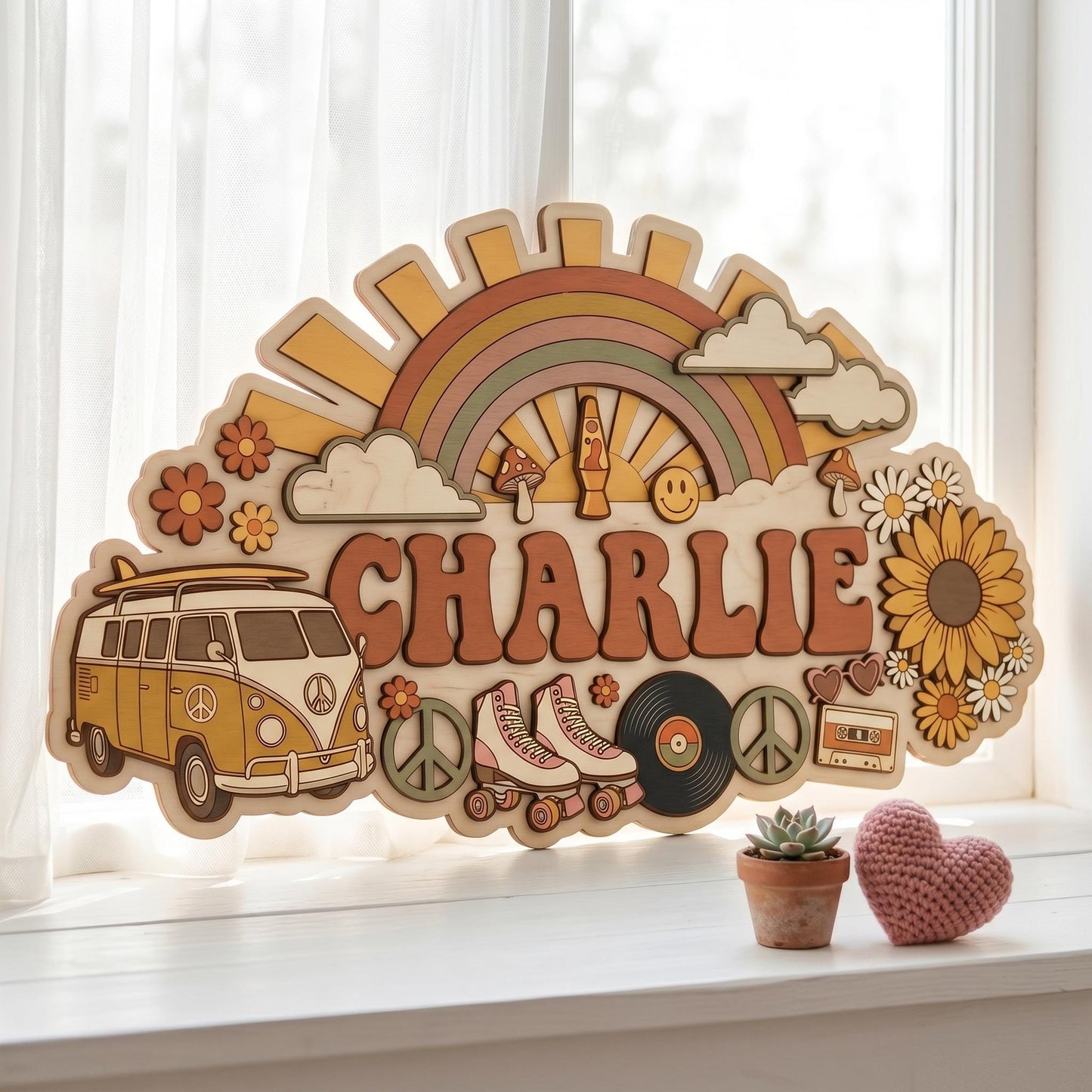 Custom Groovy Nursery Name Sign 3D, Personalized 70s Retro Baby Room Wall Decor, Wood Hippie Van Sun Flower Plaque, New Parents Gift Ideas