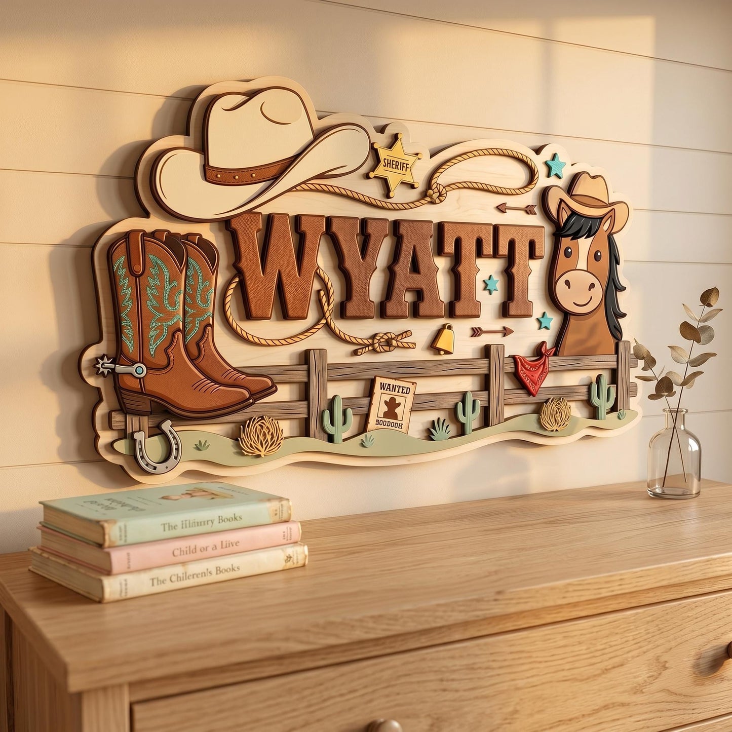 Custom Cowboy Nursery Name Sign 3D, Personalized Western Baby Boy Room Wall Decor, Wood Horse Boot Sheriff Plaque, New Parents Gift Ideas