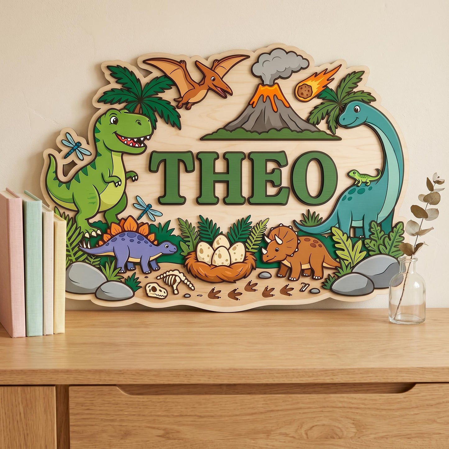 Custom Dinosaur Nursery Name Sign 3D, Personalized Jurassic Baby Boy Room Wall Decor, Wood T-Rex Volcano Plaque, New Parents Gift Ideas