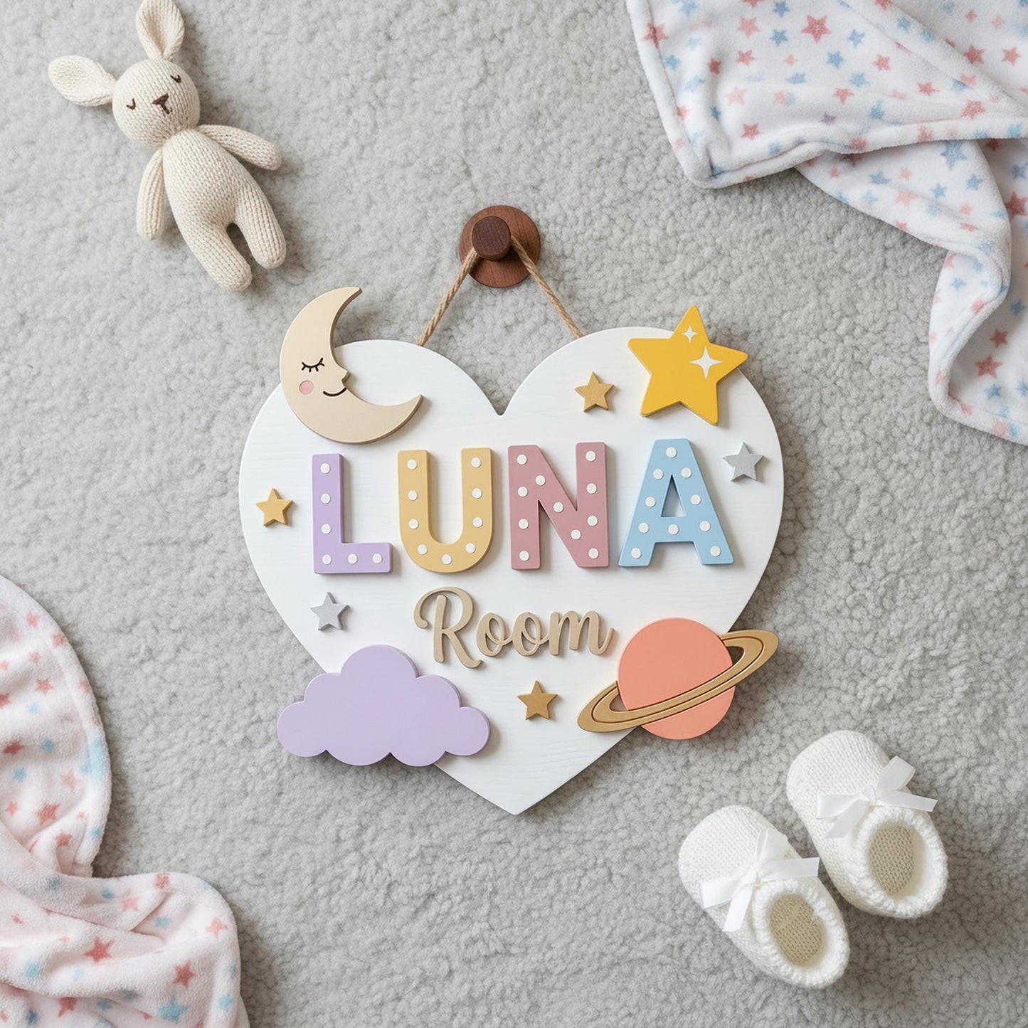 Personalized Moon Star Nursery Wall Decor, Custom 3D Wood Heart Shaped Name Sign, Baby Girl Bedroom Door Hanger Plaque, Baby Shower Gift