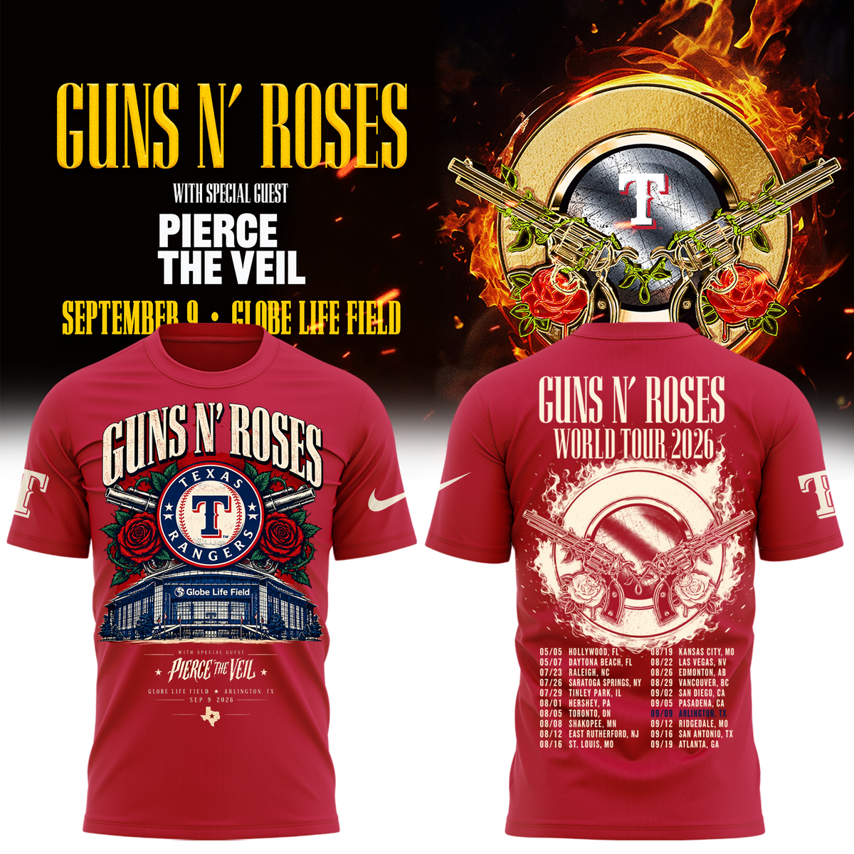 GNR x Texas Rangers Globe Life Field 2026 Tour T-Shirt