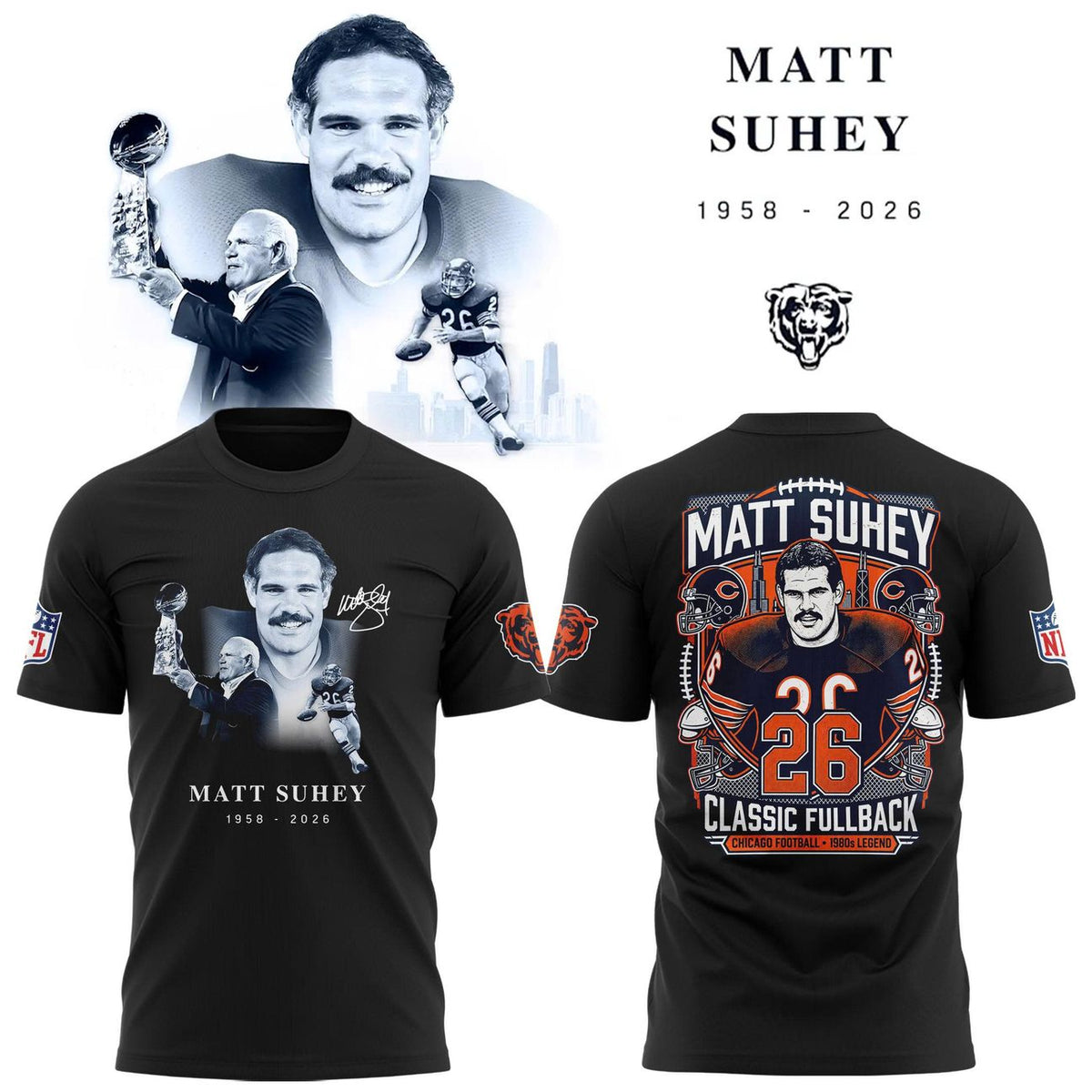 Matt Suhey Memorial T-Shirt - Chicago Bears Legend 1958-2026 Black Graphic Tee
