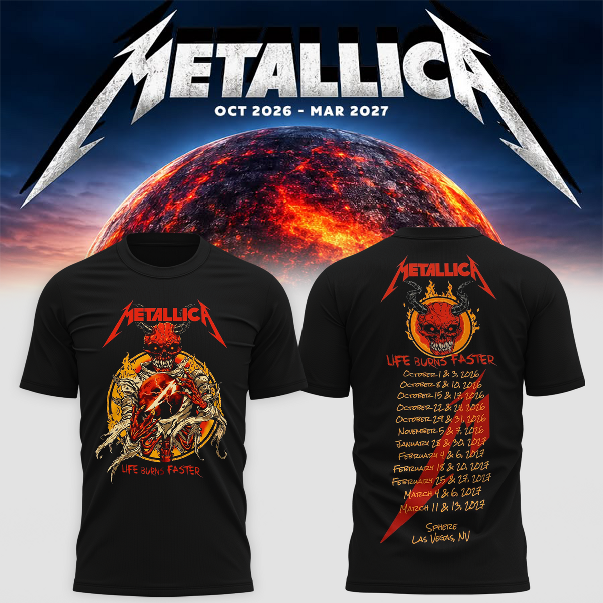 MTLC Life Burns Faster 2026 2027 Las Vegas Merch Tee Live At Sphere Tour Dates Red Demon Skeleton T-Shirt