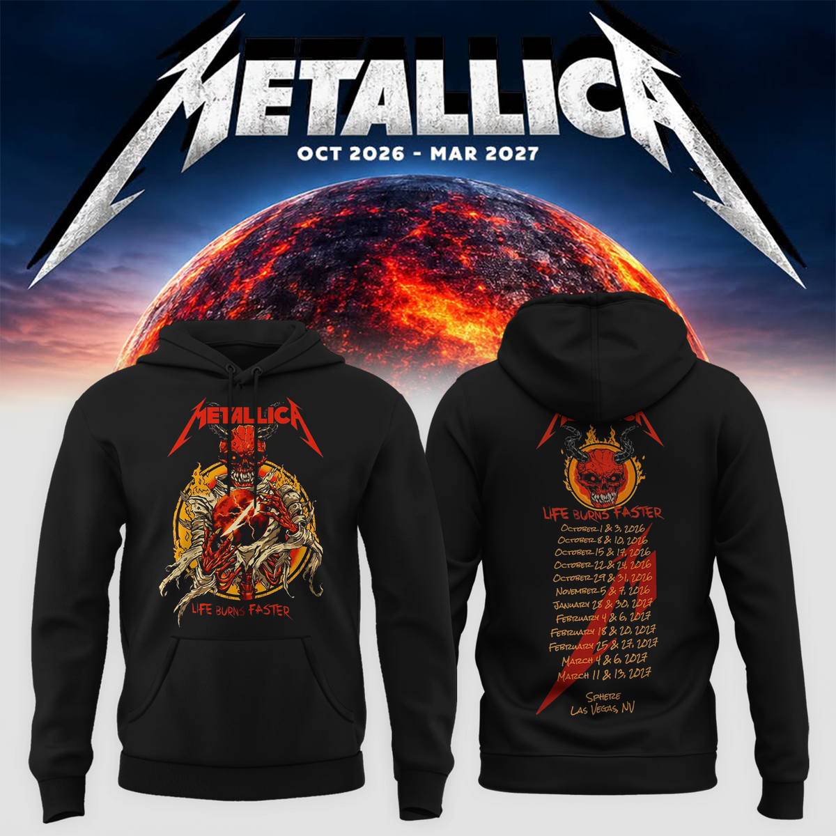 MTLC Life Burns Faster 2026 2027 Las Vegas Merch Tee Live At Sphere Tour Dates Red Demon Skeleton Hoodie