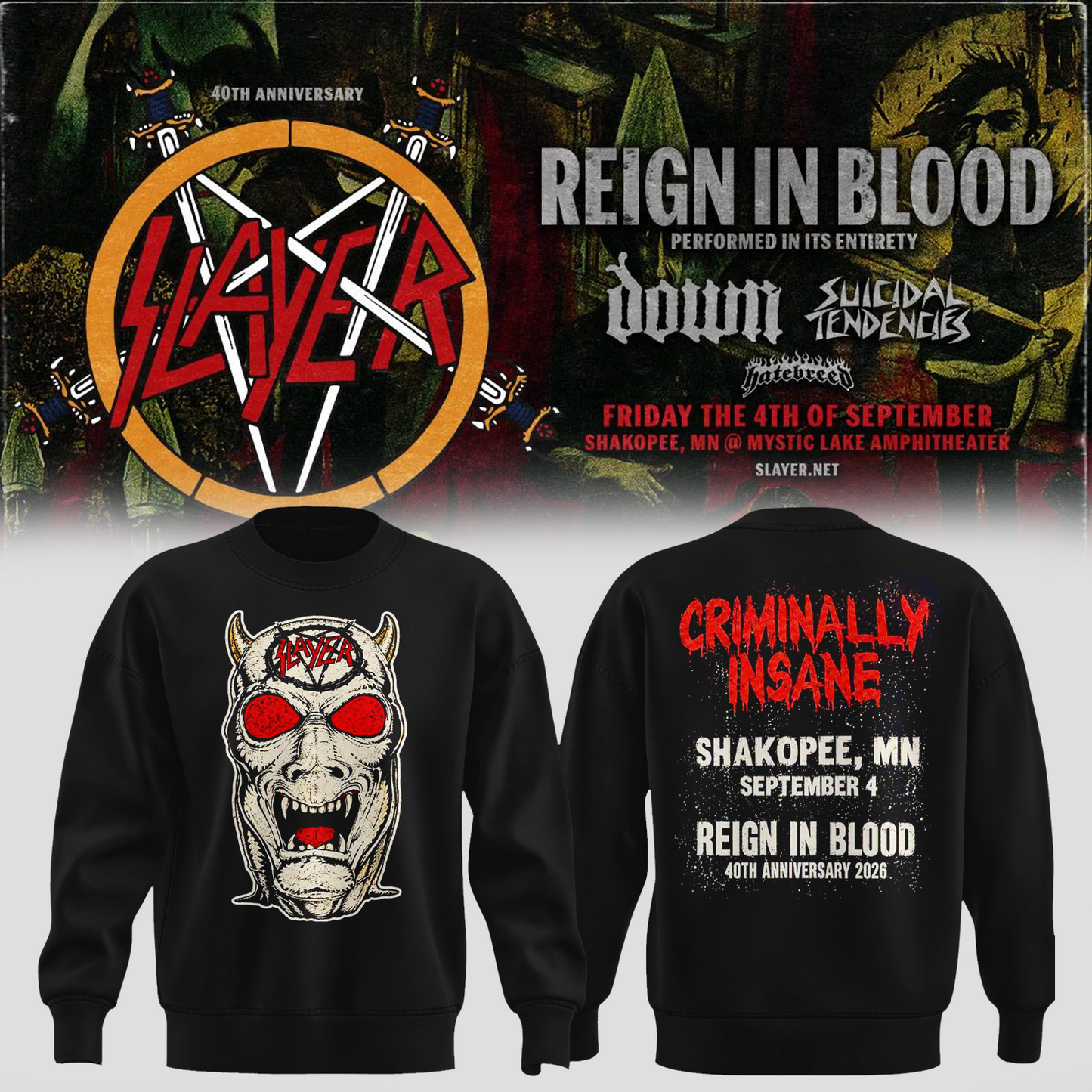 _Slayer_Shakopee MN 2026 Event Tee Reign In Blood 40 Anniversary Tour September 4 2026 Two Sided Sweater