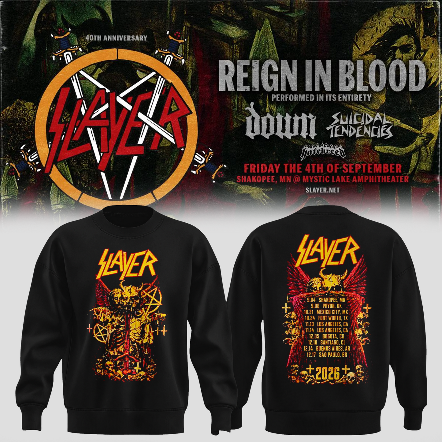 _Slayer_Shakopee MN 2026 Event Tee Reign In Blood 40 Anniversary Tour September 4 2026 Two Sided Sweater