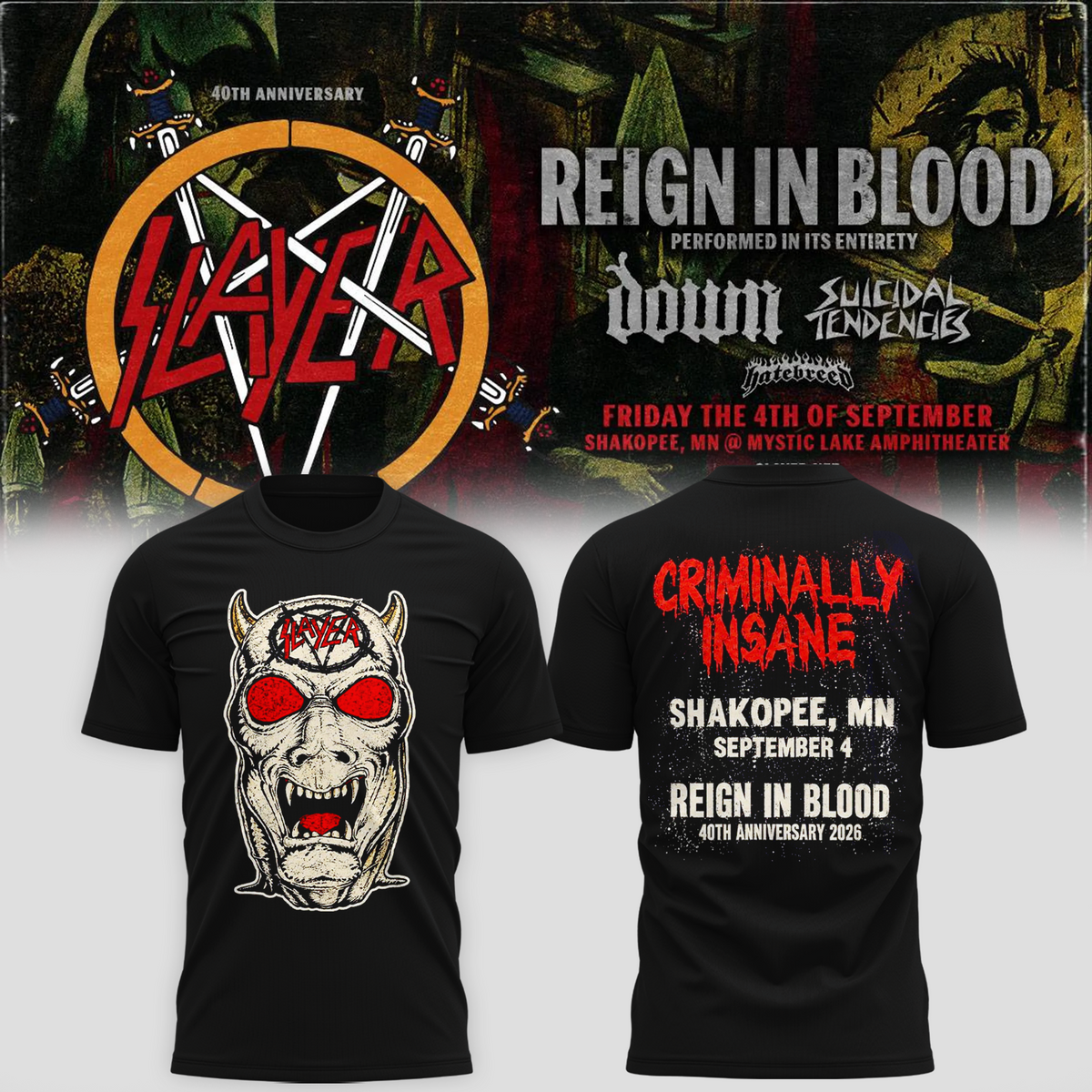 _Slayer_Shakopee MN 2026 Event Tee Reign In Blood 40 Anniversary Tour September 4 2026 Two Sided T-Shirt