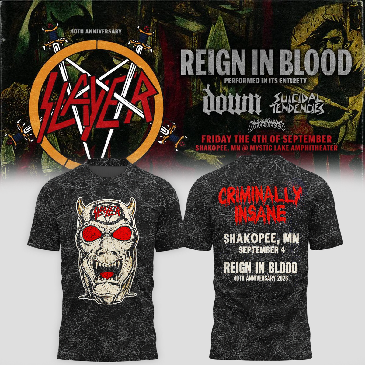 _Slayer_Shakopee MN 2026 Event Tee Reign In Blood 40 Anniversary Tour September 4 2026 Two Sided T-Shirt