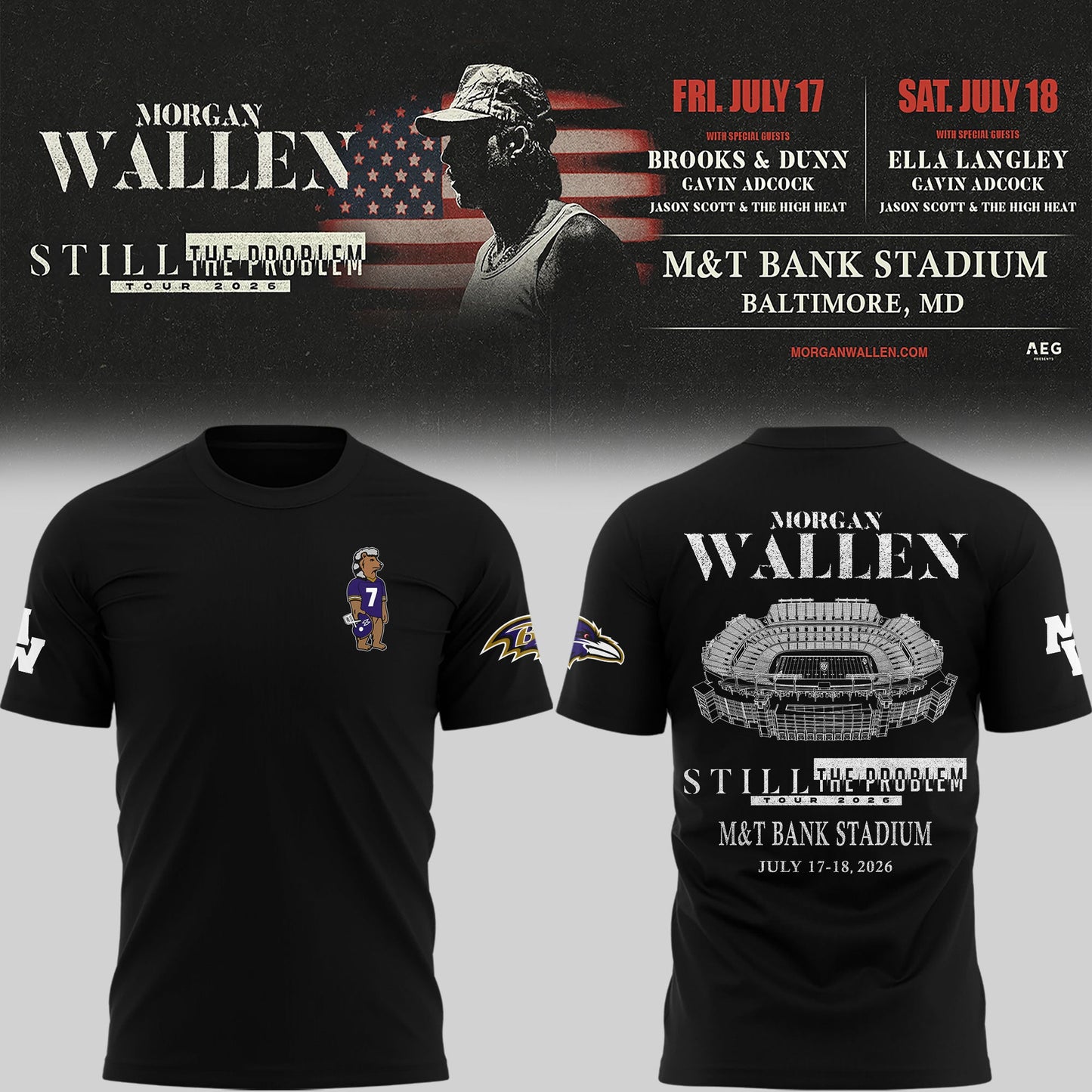 1.Special New Edition Baltimore Ravens x Morgan Wallen Black Tshirt 2026