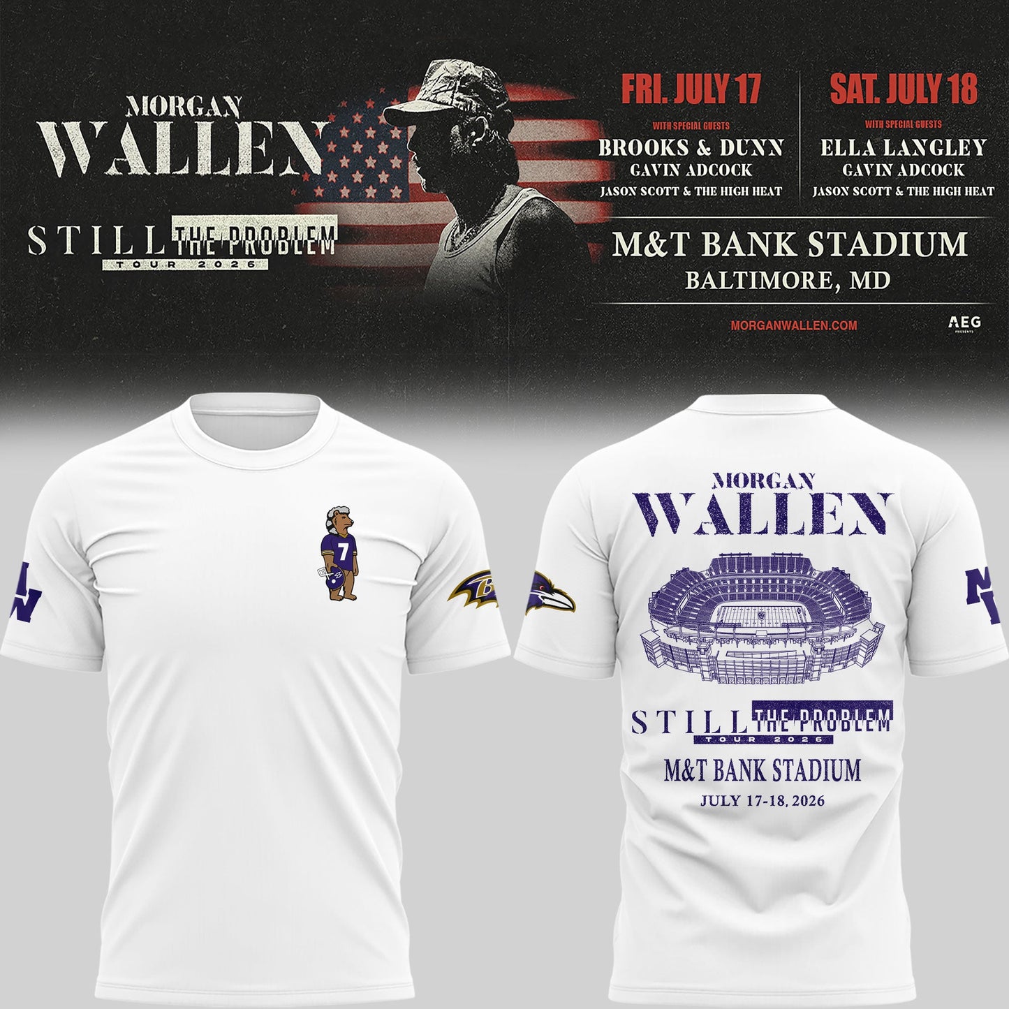 1.Special New Edition Baltimore Ravens x Morgan Wallen White Tshirt 2026