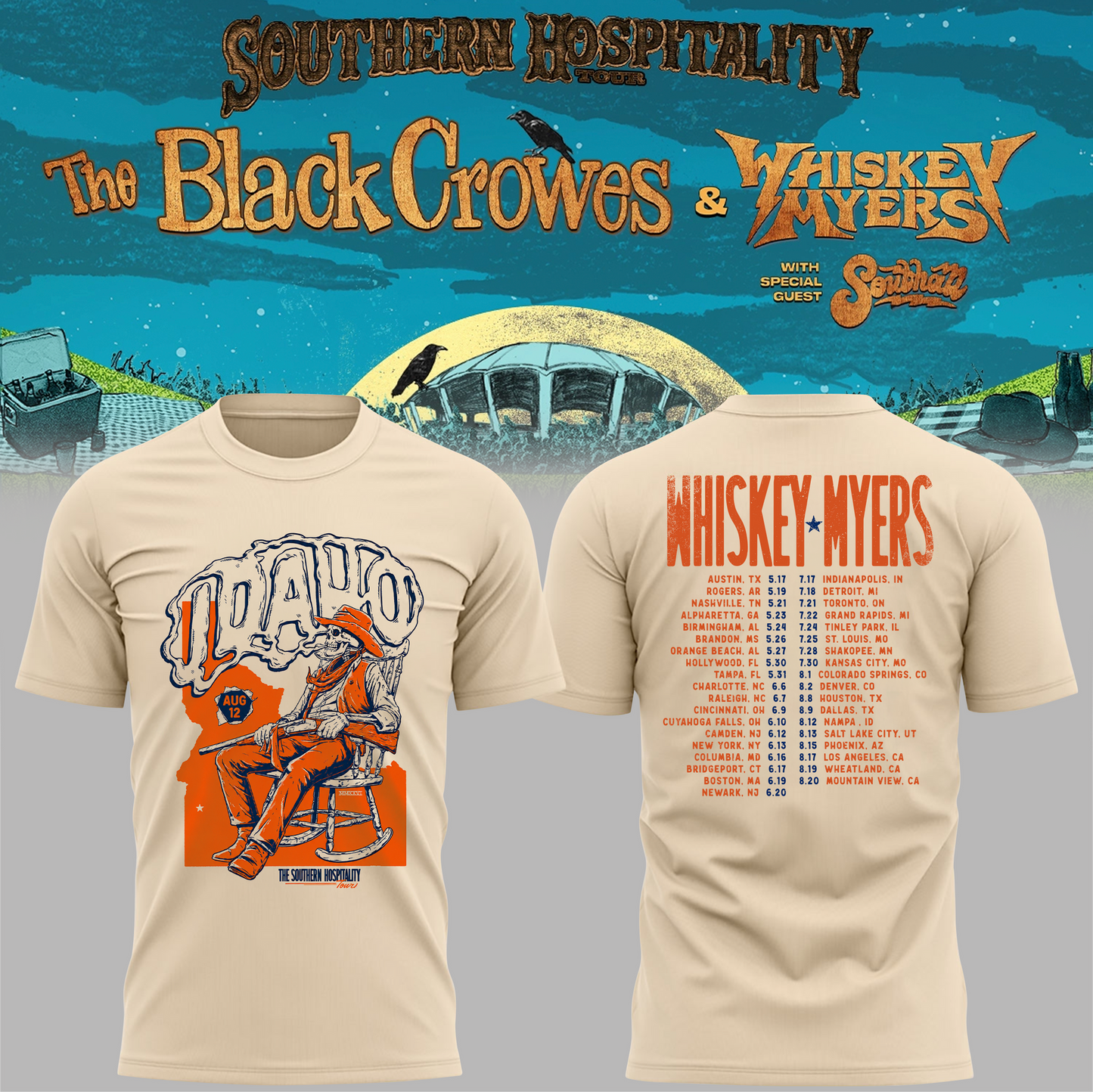 Limited Edition Whiskey Myers Southern Hospitality Tour In Nampa, Idaho T-Shirt