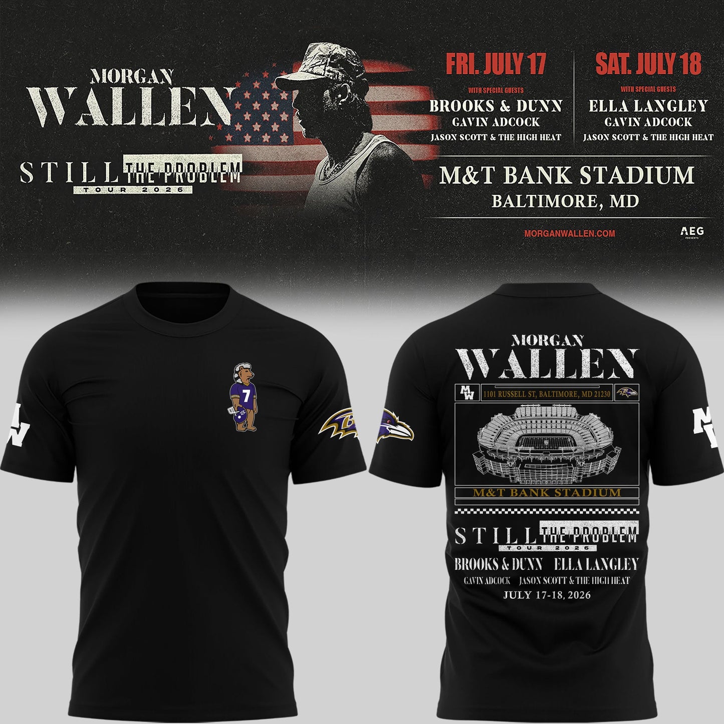 Special New Edition Baltimore Ravens x Morgan Wallen Black Tshirt 2026