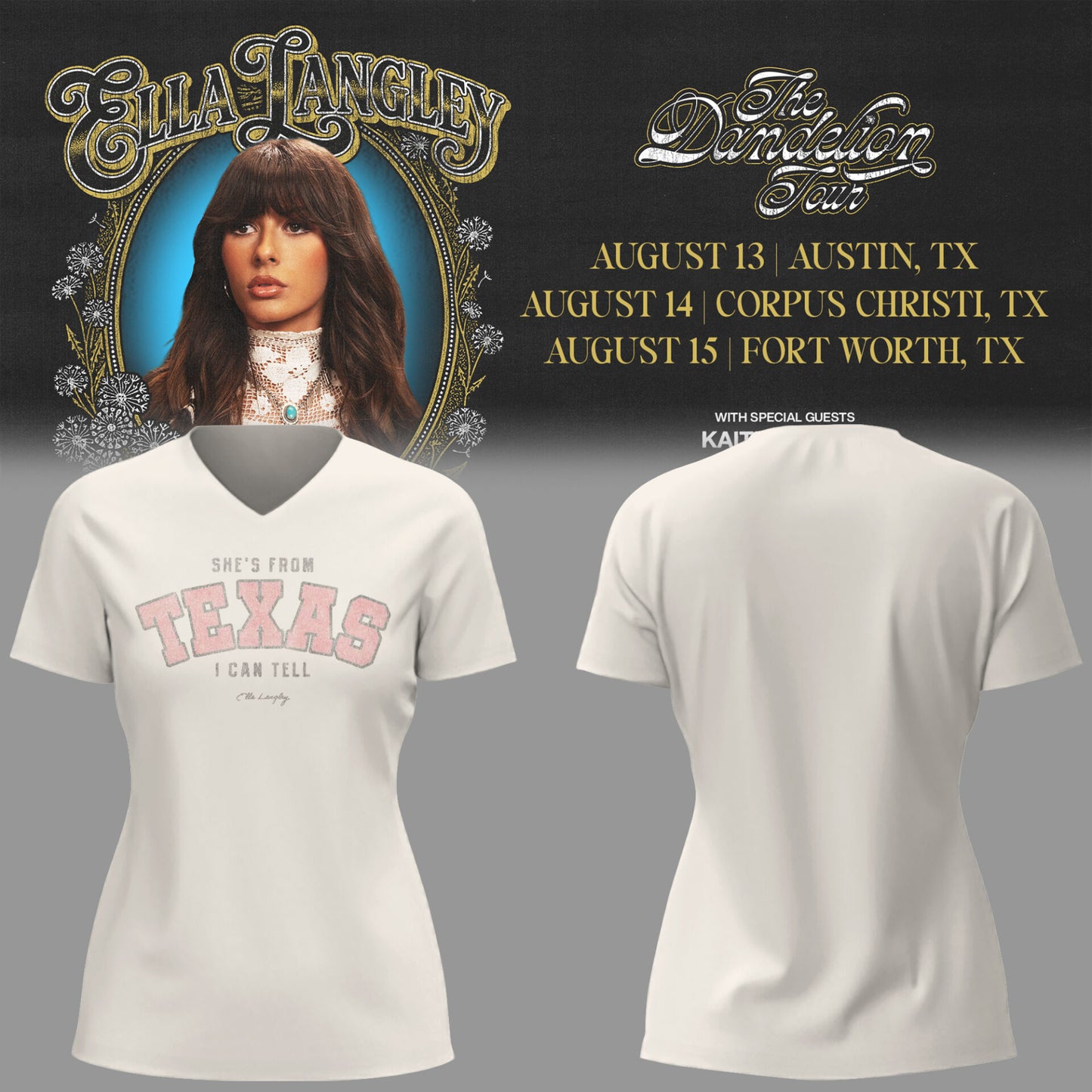 E.Langley “The Dandelion Tour” in Texas V-neck TShirt