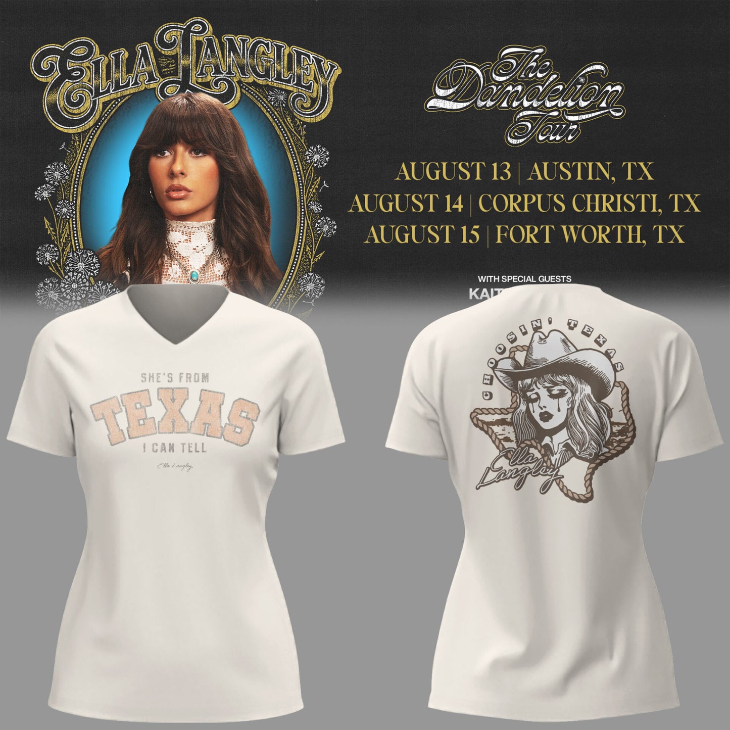 E.Langley “The Dandelion Tour” in Texas V-neck TShirt