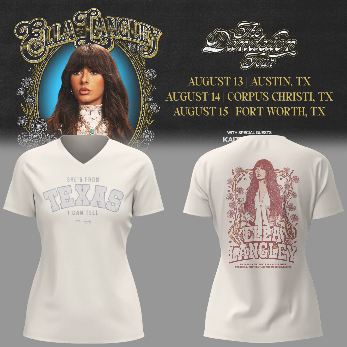 E.Langley “The Dandelion Tour” in Texas V-neck TShirt