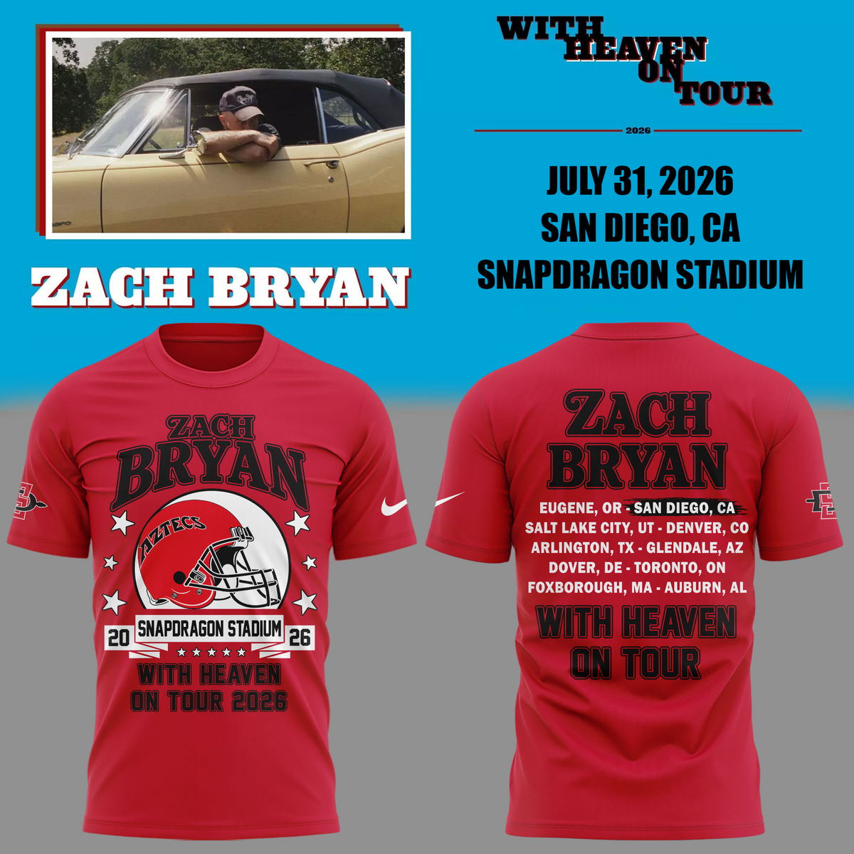 Zach Bryan x San Diego State Football - With Heaven On Tour 2026 T-Shirt