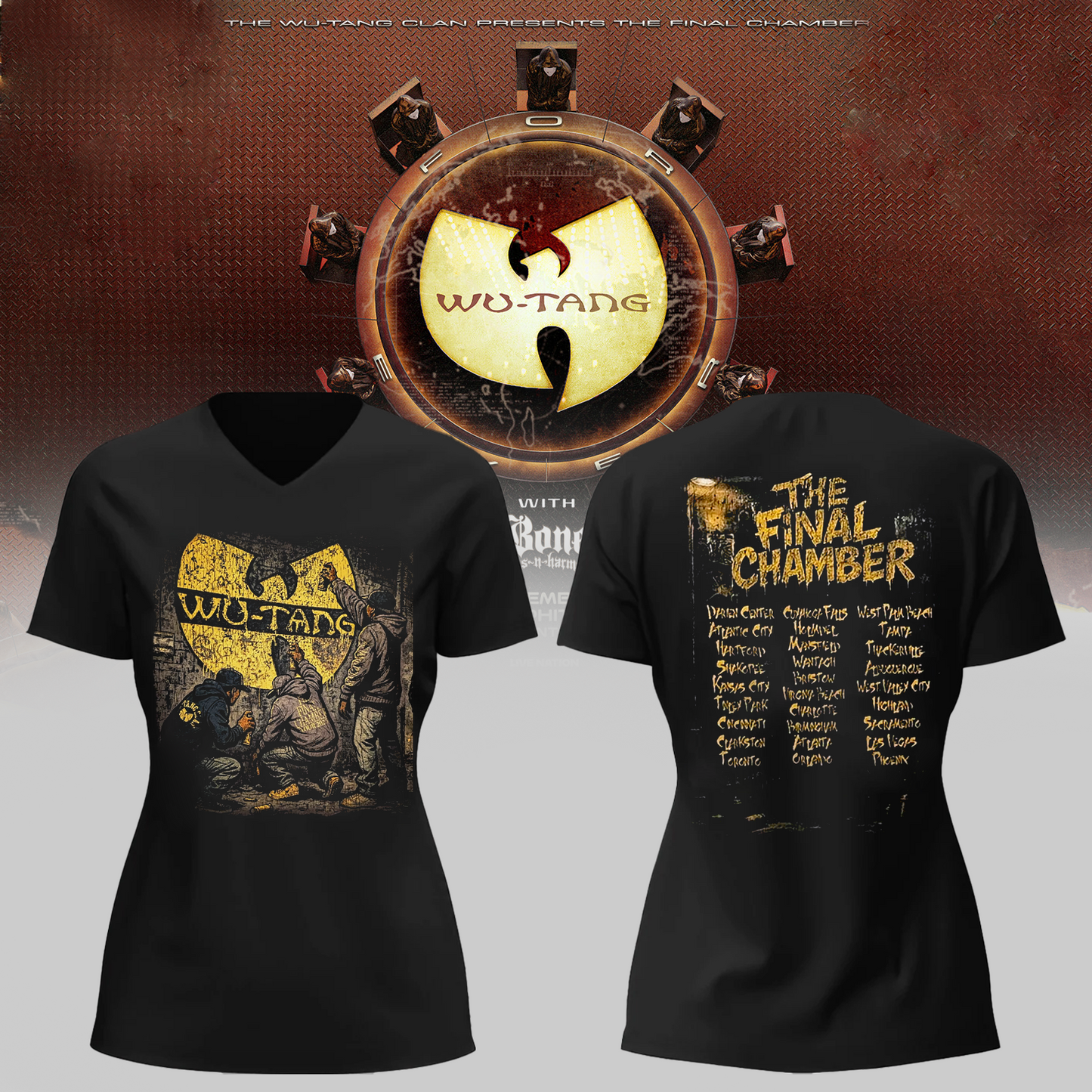 Wu-Tang Clan The Final Chamber Tour 2026 North America Merch Wall Spray V-neck