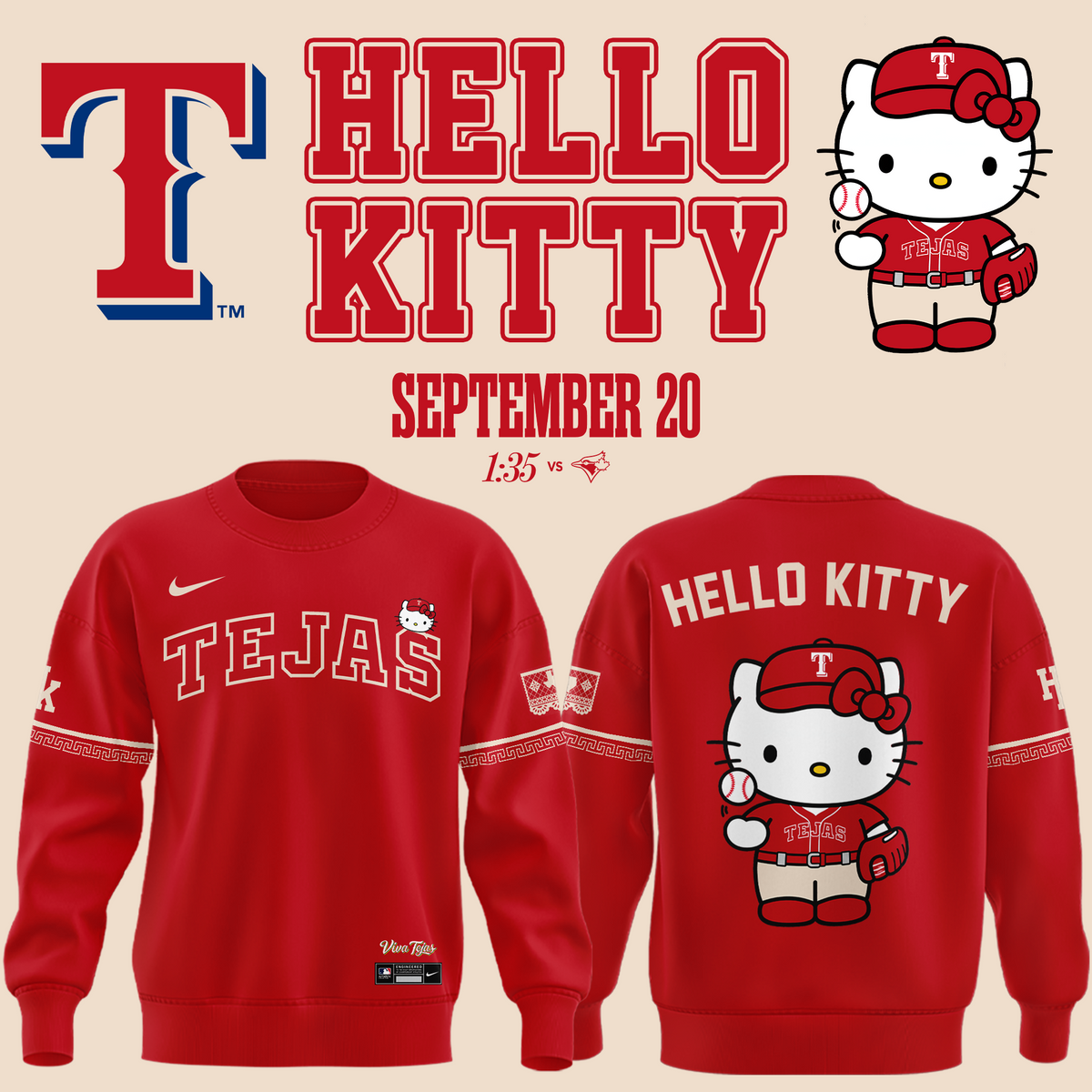Exclusive Tejas City Connect Texas Rangers x Hello Kitty Sweatshirt 2026