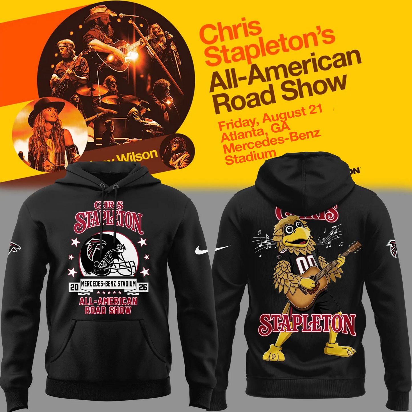 03.35. Black Hoodie Chris Stapleton x Atlanta Falcons - All American Road Show 2026 Hoodie