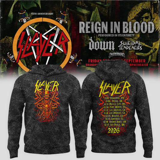 Slayer Shakopee MN 2026 Event Tee Reign In Blood 40 Anniversary Tour September 4 2026 Two Sided Hoodie