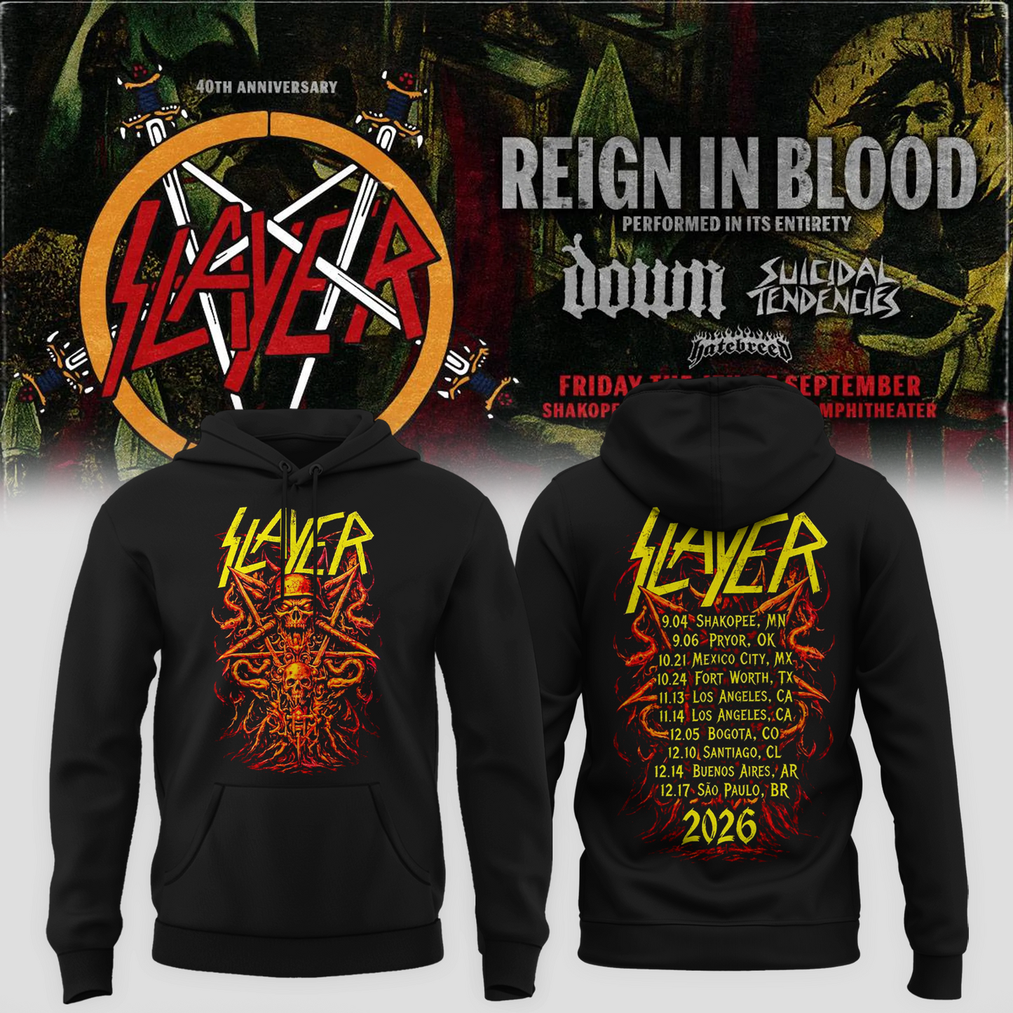 Slayer Shakopee MN 2026 Event Tee Reign In Blood 40 Anniversary Tour September 4 2026 Two Sided Hoodie