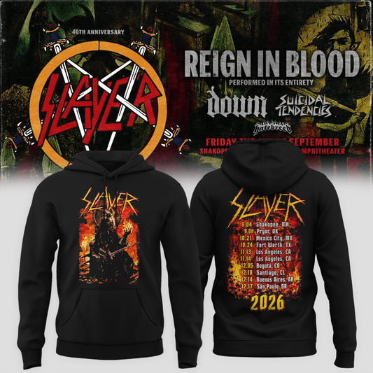 Slayer Shakopee MN 2026 Event Tee Reign In Blood 40 Anniversary Tour September 4 2026 Two Sided Hoodie