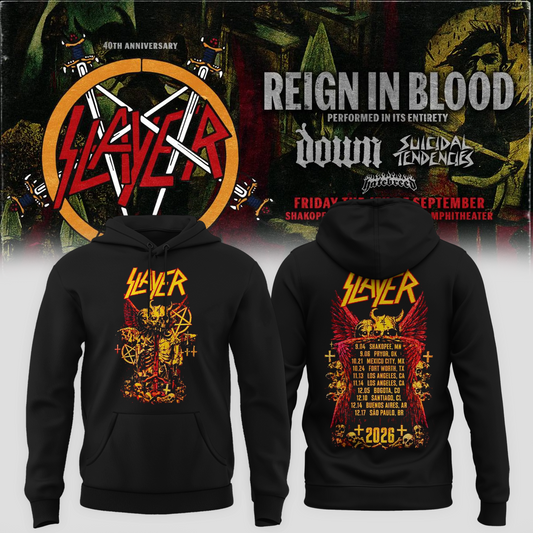 Slayer Shakopee MN 2026 Event Tee Reign In Blood 40 Anniversary Tour September 4 2026 Two Sided Hoodie