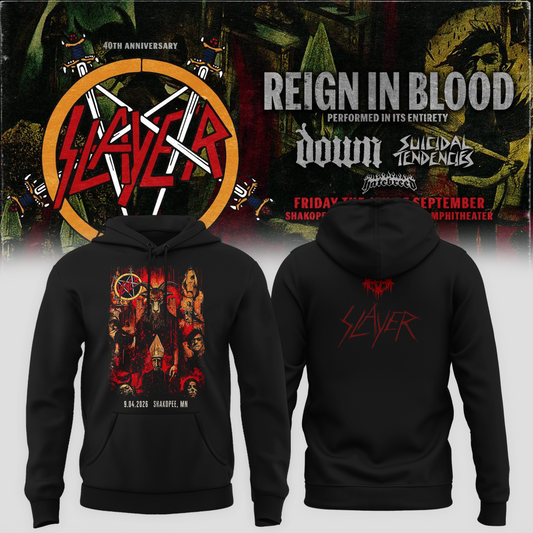 Slayer Shakopee MN 2026 Event Tee Reign In Blood 40 Anniversary Tour September 4 2026 Two Sided Hoodie