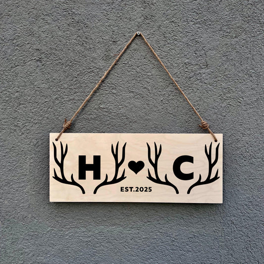 Personalized Antler Monogram Wooden Sign - Rustic Cabin Decor