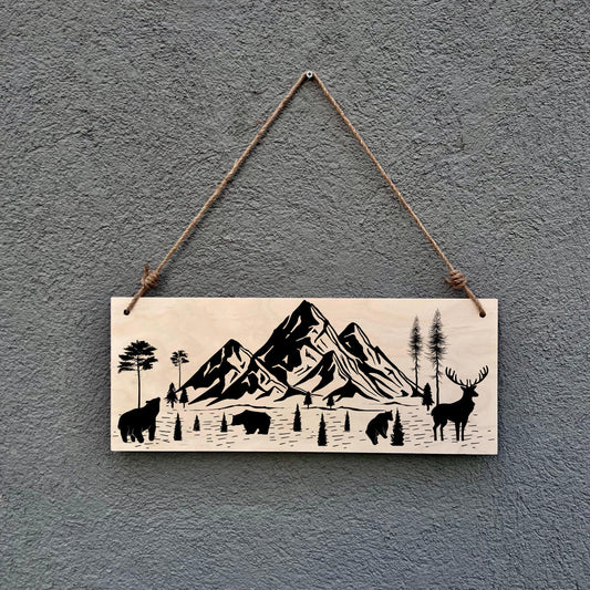 Rustic Mountain Scene Wood Sign: Cabin Decor with Bear & Deer