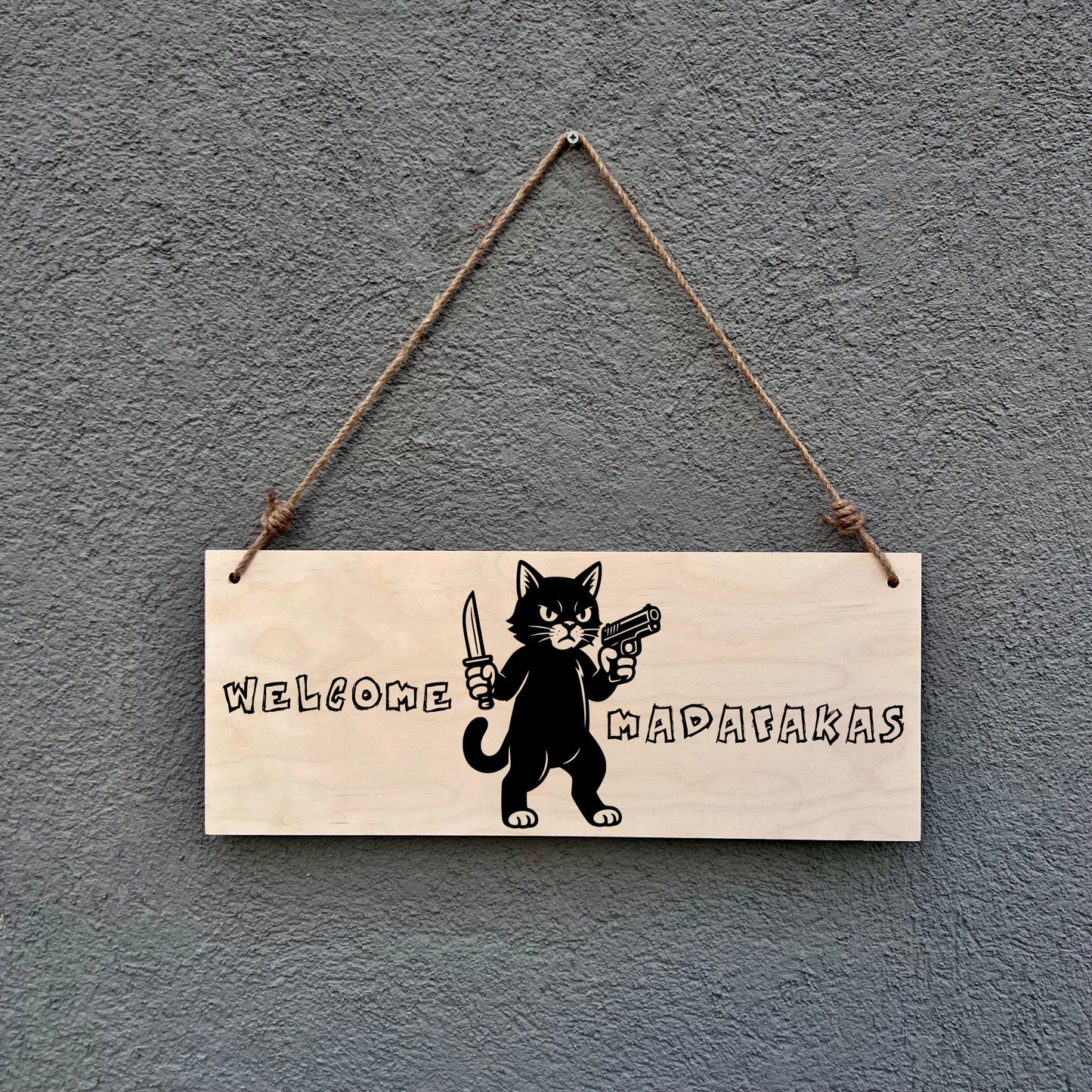 Funny Cat Wooden Sign - "Welcome Madafakas" Humor Wall Decor for Home, Bar, Man Cave