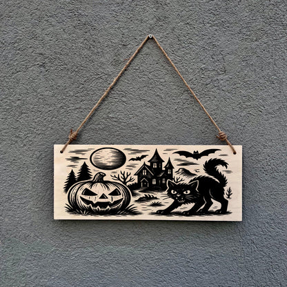 Halloween Black Cat Wooden Sign: Spooky Haunted House Decor