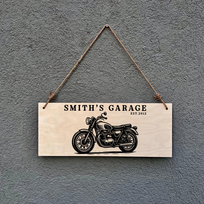 Personalized Motorcycle Garage Sign: Vintage Style Birch Wood Plaque