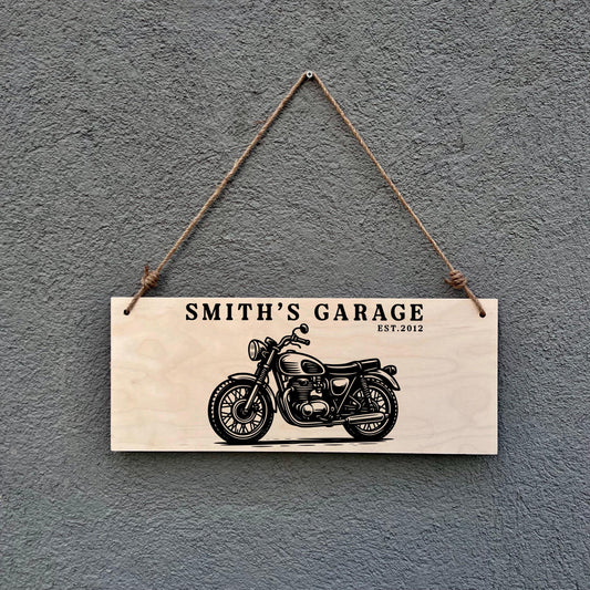 Personalized Motorcycle Garage Sign: Vintage Style Birch Wood Plaque