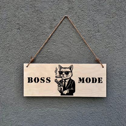 Boss Mode Mafia Cat Wooden Sign: Funny Office Decor