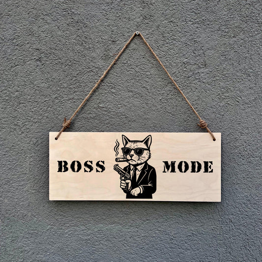 Boss Mode Mafia Cat Wooden Sign: Funny Office Decor