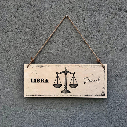 Libra Zodiac Sign Wooden Plaque: Rustic Astrology Wall Hanging