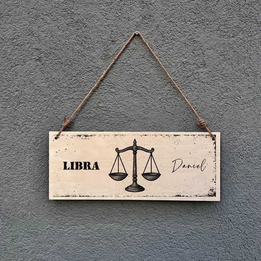 Libra Zodiac Sign Wooden Plaque: Rustic Astrology Wall Hanging
