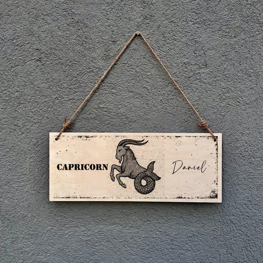 Capricorn Zodiac Sign Wooden Plaque - Personalized Name Wall Decor - Rustic Astrology Gift for Home