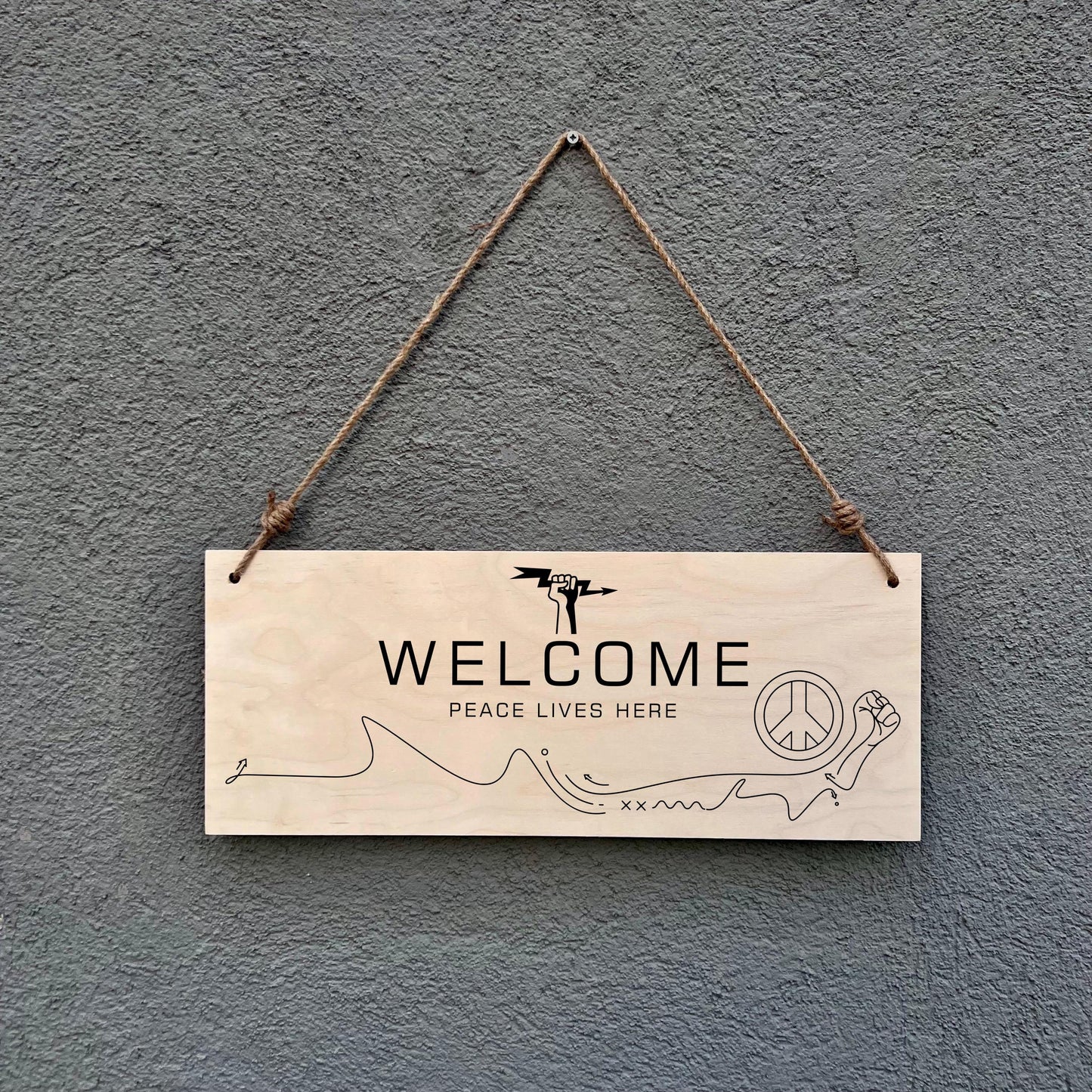 Peace Sign Welcome Plaque: Minimalist Boho Birch Wood Wall Decor