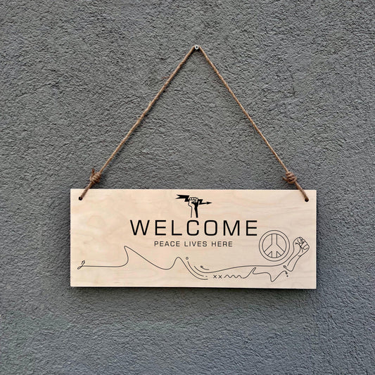 Peace Sign Welcome Plaque: Minimalist Boho Birch Wood Wall Decor