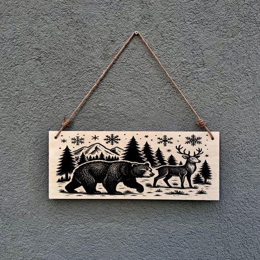 Rustic Bear and Deer Wood Sign: Mountain Cabin Lodge Decor