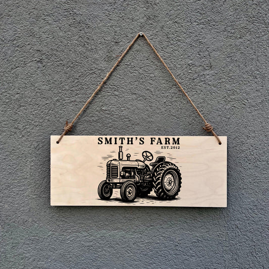 Personalized Farm Sign: Rustic Tractor Birch Wood Plaque