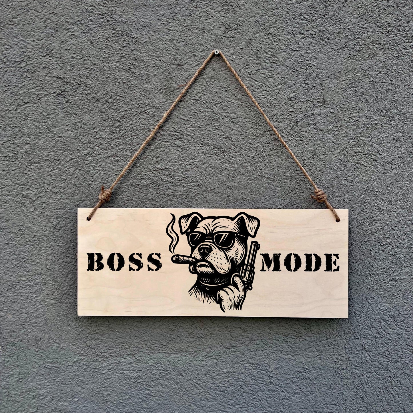 Funny Bulldog Wooden Sign: Boss Mode Man Cave Decor