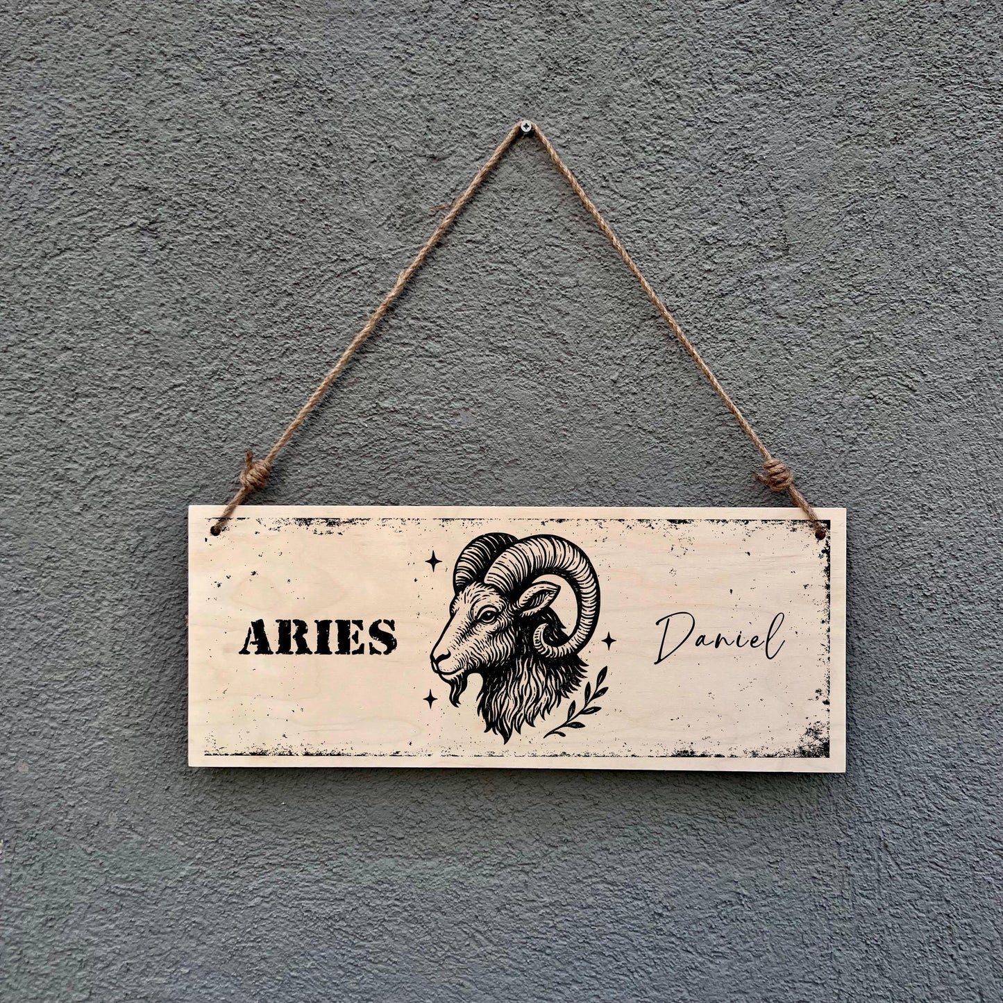 Personalized Aries Zodiac Sign: Rustic Birch Wood Name Plaque