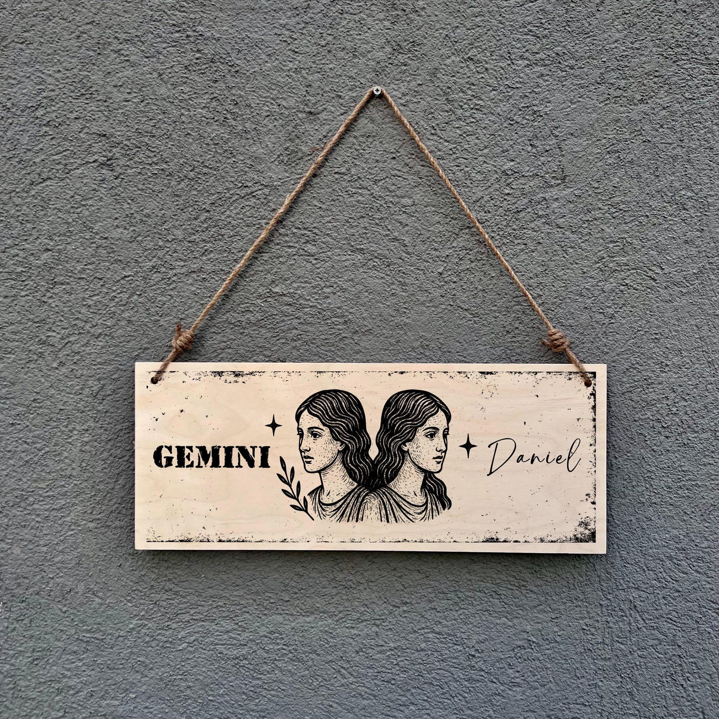Personalized Gemini Zodiac Sign Plaque: Rustic Wood Horoscope Wall Art